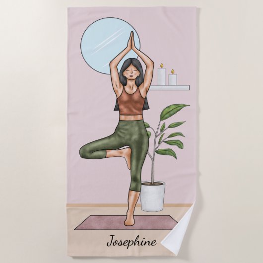 Tree Pose Yoga Vrikshasana Vrouw met aangepaste na Strandlaken (Voorkant)