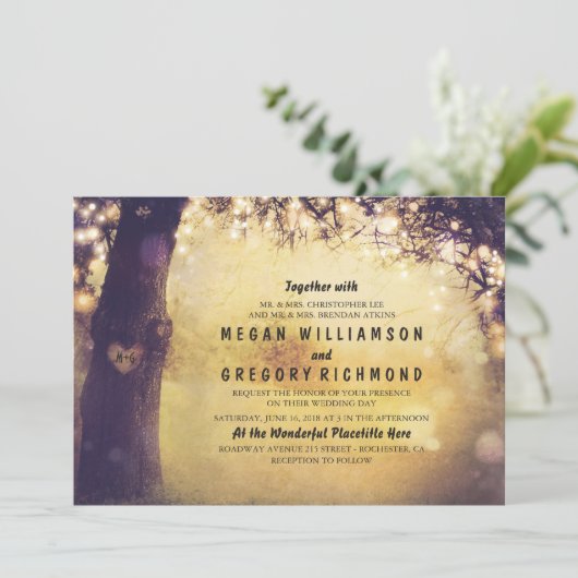 Tree String Lights Huwelijksuitnodiging Kaart (Staand voorkant)