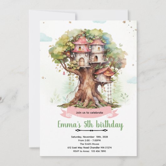 Treehouse girl party invitation (Devant)