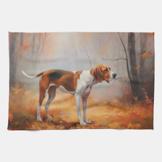 Treeing Walker Coonhound in herfstbladeren val Theedoek (Horizontaal)
