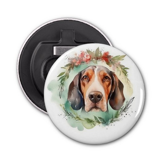 Treeing Walker Kerstkrans Feestelijke Pup Button Flesopener (Voorkant)