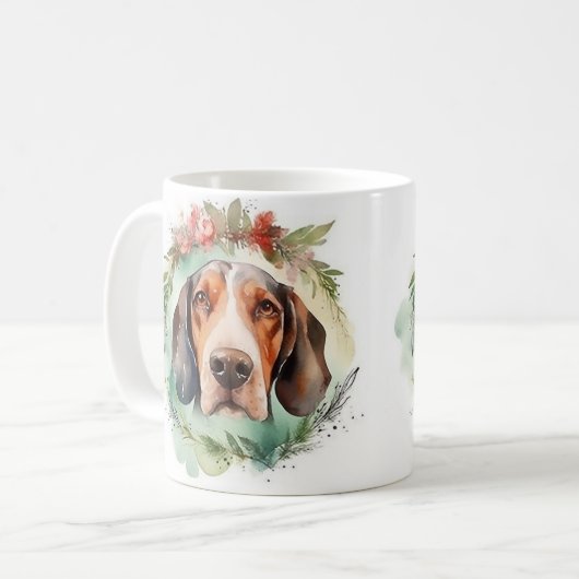 Treeing Walker Kerstkrans Feestelijke Pup Koffiemok (Voorkant links)