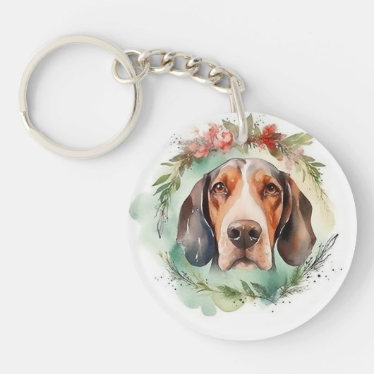 Treeing Walker Kerstkrans Feestelijke Pup Sleutelhanger (Voorkant)