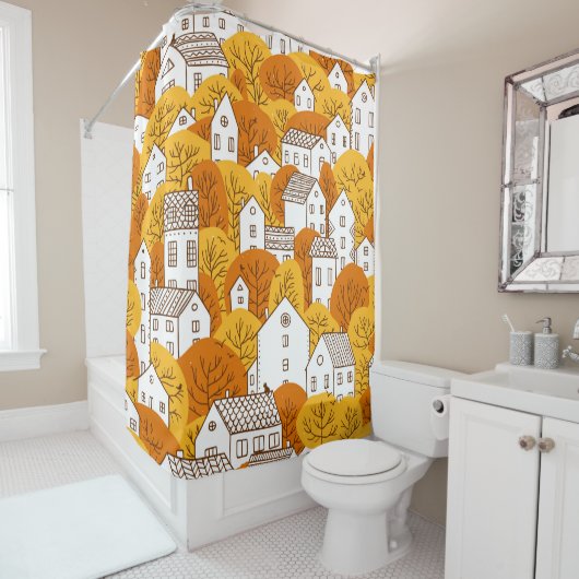 Trees and houses seamless pattern. Autumn, fall ci Douchegordijn (In situ)