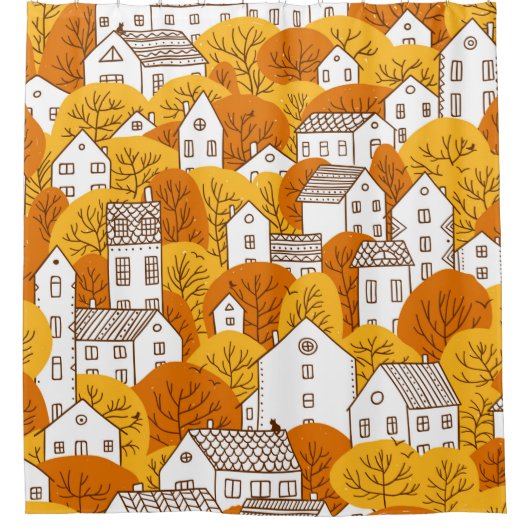 Trees and houses seamless pattern. Autumn, fall ci Douchegordijn (Voorkant)