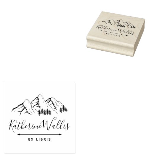 Trees & Mountains Elegant Script Custom Name Book Rubberstempel (Gestempeld)