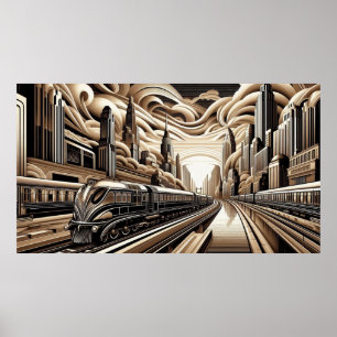 Trein Art Deco stijl goud koper zwart wit Poster