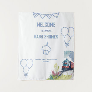 Trein Blauwe Ballonnen Jongens Speelse Baby Shower Wandkleed
