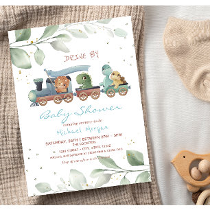 Trein Dinosauriërs Rijden Langs Baby Shower Kaart