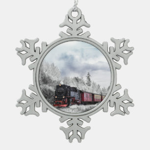  trein door het winterlandschap tin sneeuwvlok ornament