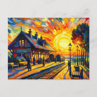 Trein op zonsondergang briefkaart