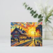 Trein op zonsondergang briefkaart (Staand voorkant)