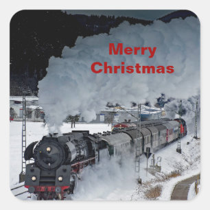 Trein Stoom Locomotief Sneeuw Foto Kerstmis Vierkante Sticker