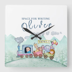 Trein Vervoer Verjaardag Waterverf foto Vierkante Klok