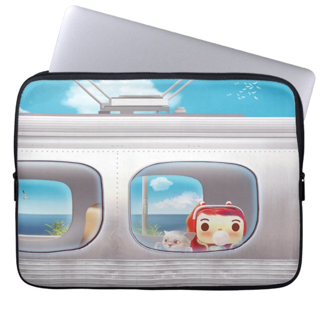 Treinreis met kat laptop sleeve (Voorkant)