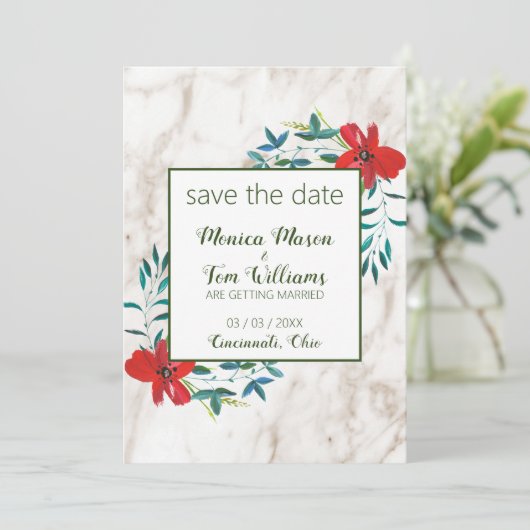 Treksteen en bloemen save the date (Staand voorkant)