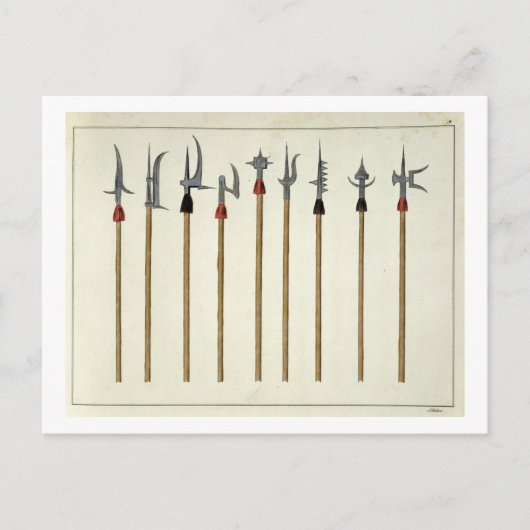 Trekstenen, speermessen, halberds en tussenschotte briefkaart (Voorkant)