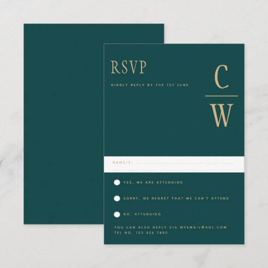 Trending Peacock TURQUOISE Green Gold Wedding RSVP (Devant / Derrière)