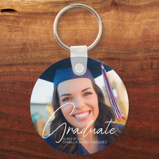 Trendy 2023 Afstuderen Foto White Script Custom Sleutelhanger (Voorkant)