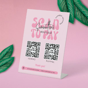 Trendy 2 QR Codes Scannen om Retro Pink Shop te be Reclamebord Met Voetstuk