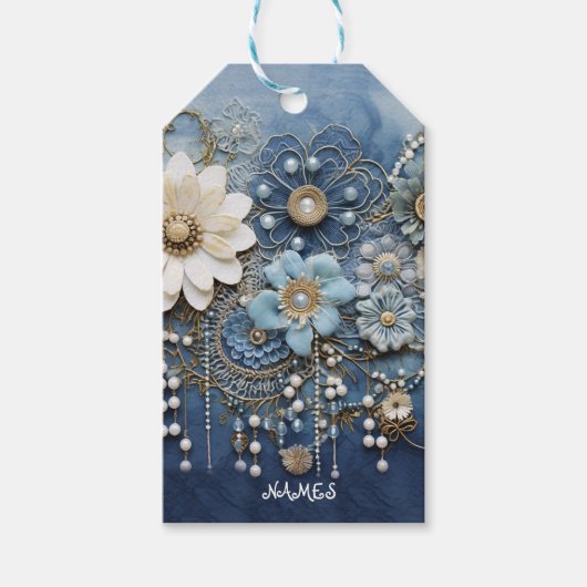Trendy 3-D Blue Denim Print met kostuum sieraden Cadeaulabel (Voorkant)