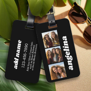 Trendy 3 foto's en grote naam - Zwart Bagagelabel