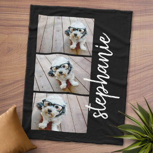 Trendy 3 Foto's zwart-wit moderne scriptnaam Fleece Deken