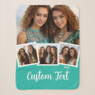 Trendy 4 Foto Collage Script Naam Wit Teal Sherpa Deken