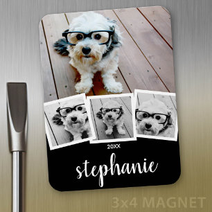 Trendy 4 Foto Collage Script Naam Wit Zwart Magneet