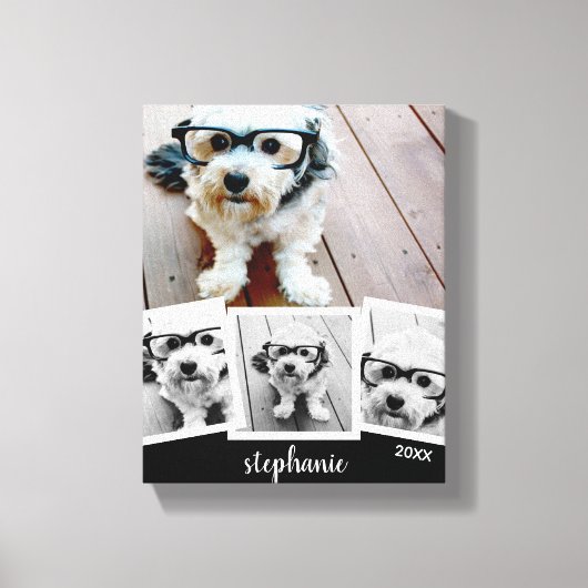Trendy 4 Foto Collage Script Name White Black Canvas Afdruk (Voorkant)