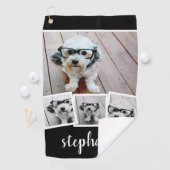 Trendy 4 Foto Collage Script Name White Black Golfhanddoek (Insitu)