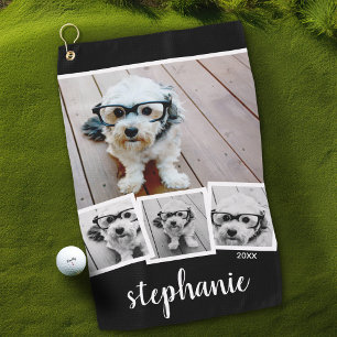 Trendy 4 Foto Collage Script Name White Black Golfhanddoek