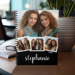 Trendy 4 Foto Collage Script Name White Black Notitieboek