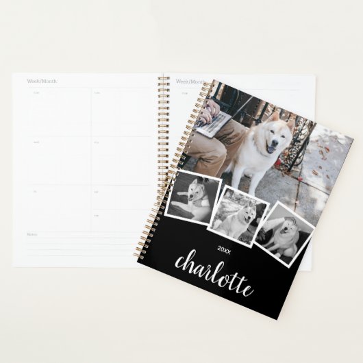 Trendy 4 Foto Collage Script Name White Black Planner (Display)