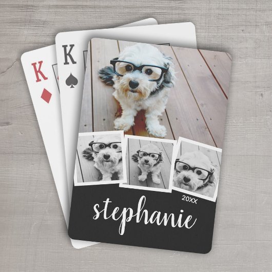 Trendy 4 Foto Collage Script Name White Black Pokerkaarten