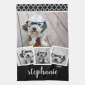 Trendy 4 Foto Collage Script Name White Black Theedoek (Verticaal)