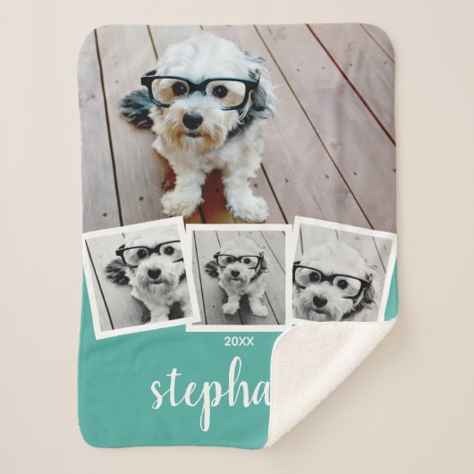 Trendy 4 Foto Collage Script Name White Blauwgroen Sherpa Deken (Voorkant)