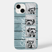 Trendy 4 Foto's en naam - Blauwe houtafdruk Case-Mate iPhone Case (Achterkant)