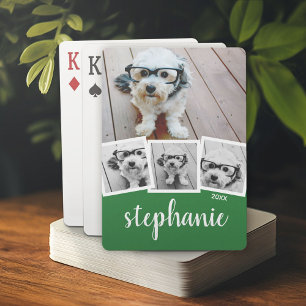 Trendy 4 Photo Collage Script Naam Wit Groen Pokerkaarten