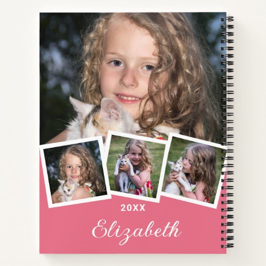 Trendy 4 Photo Collage Script Naam Wit Roze Notitieboek (Achterkant)