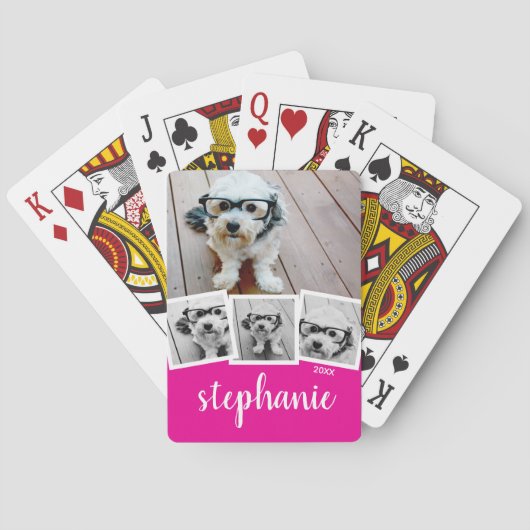 Trendy 4 Photo Collage Script Naam Wit Roze Pokerkaarten (Achterkant)
