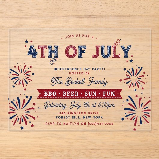 Trendy 4th van juli Onafhankelijkheidsdag Party Acryl Uitnodigingen (Voorkant)