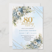 Trendy 80th Birthday Invitation Blue White Florals (Devant)