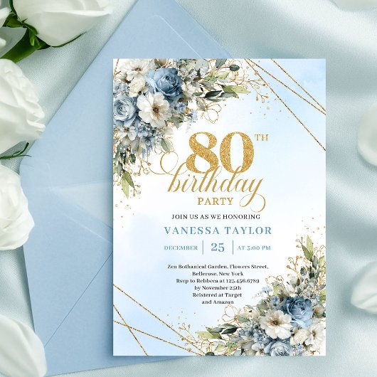 Trendy 80th Birthday Invitation Blue White Florals