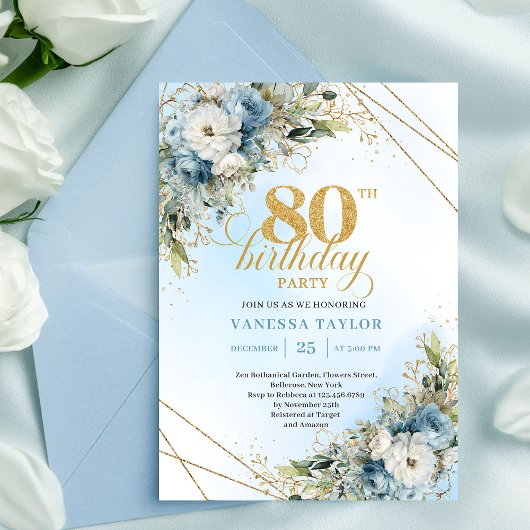 Trendy 80th Birthday Invitation Blue White Florals