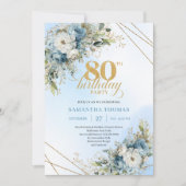 Trendy 80th Birthday Invitation Blue White Florals (Devant)