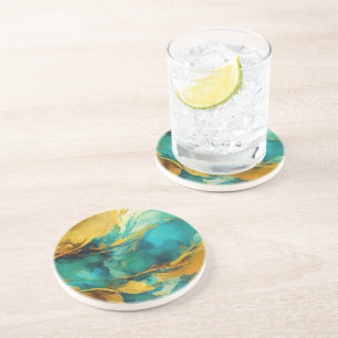 Trendy Abstract Blue en Gold Zandsteen Onderzetter