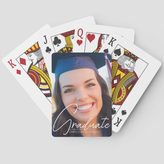 Trendy Afstudeerfoto Witte Script Afstuderen Pokerkaarten (Achterkant)