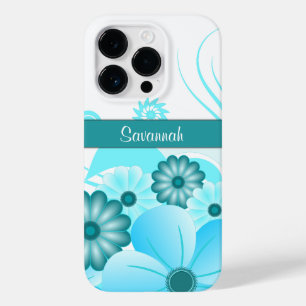 Trendy Aqua Blue Blauwgroen Hibiscus Floral Design Case-Mate iPhone 14 Pro Hoesje
