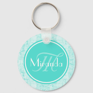 Trendy Aqua Mint Crackle Patroon met Monogram Sleutelhanger